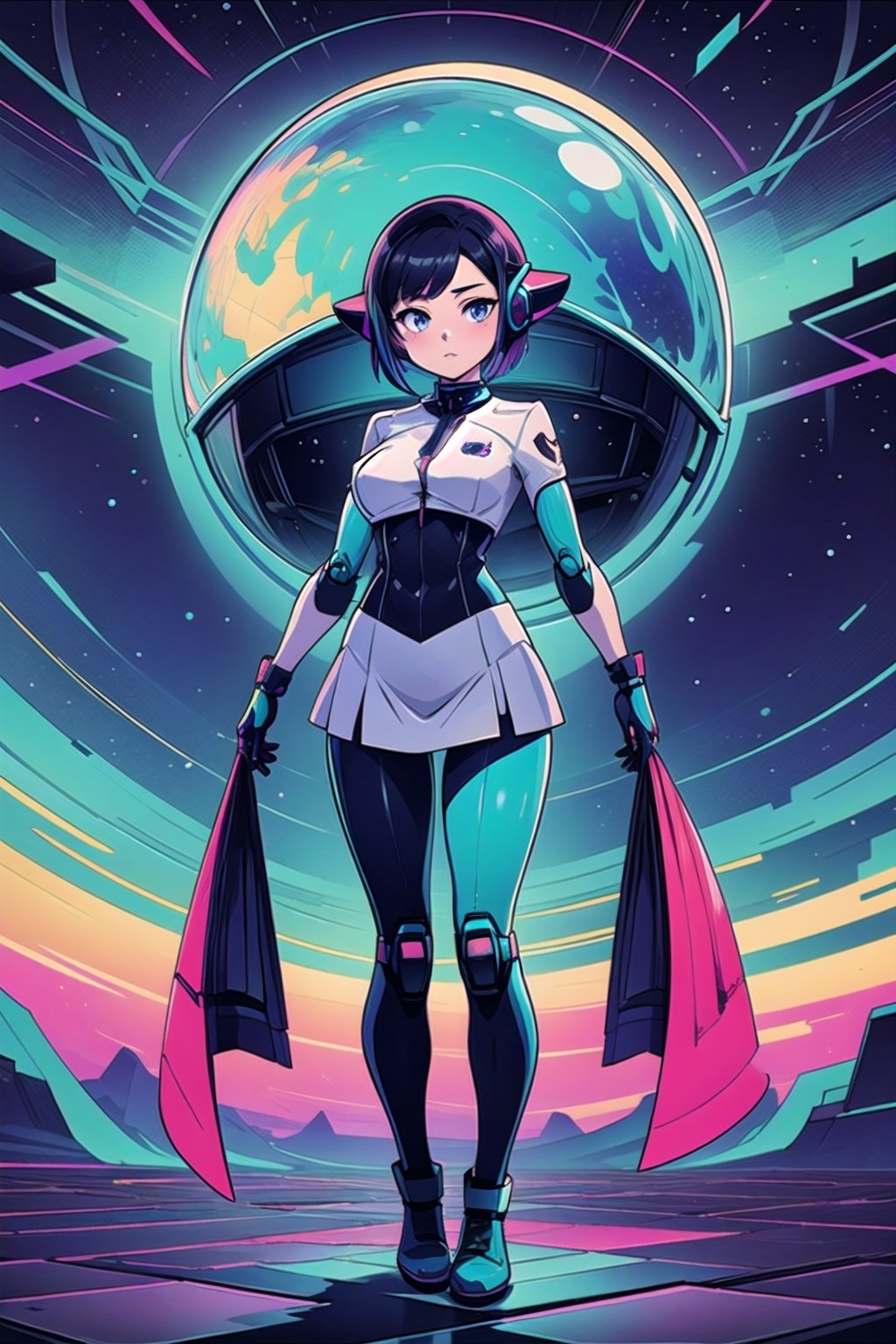 masterpiece, best quality, A girl with robotic parts standing on an alien planet with a colorful sky