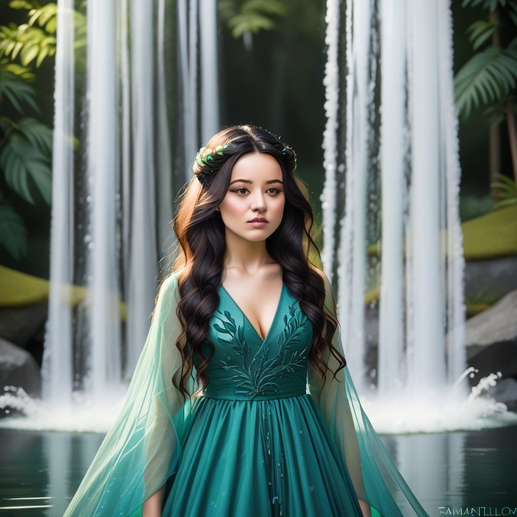 An Asian young woman with long flowing hair, adorned in a delicate emerald green gown, surrounded by a mesmerizing rainforest waterfall environment. She stands amidst a dance of luminescent jellyfish, which glow in hues of pink and blue. The backdrop is a cascading waterfall, punctuated by the soft glow of bioluminescent plants and the gentle mist of water. The woman's gaze is distant, as if lost in thought, while the jellyfish float gracefully around her, creating an ethereal and dreamlike atmosphere.