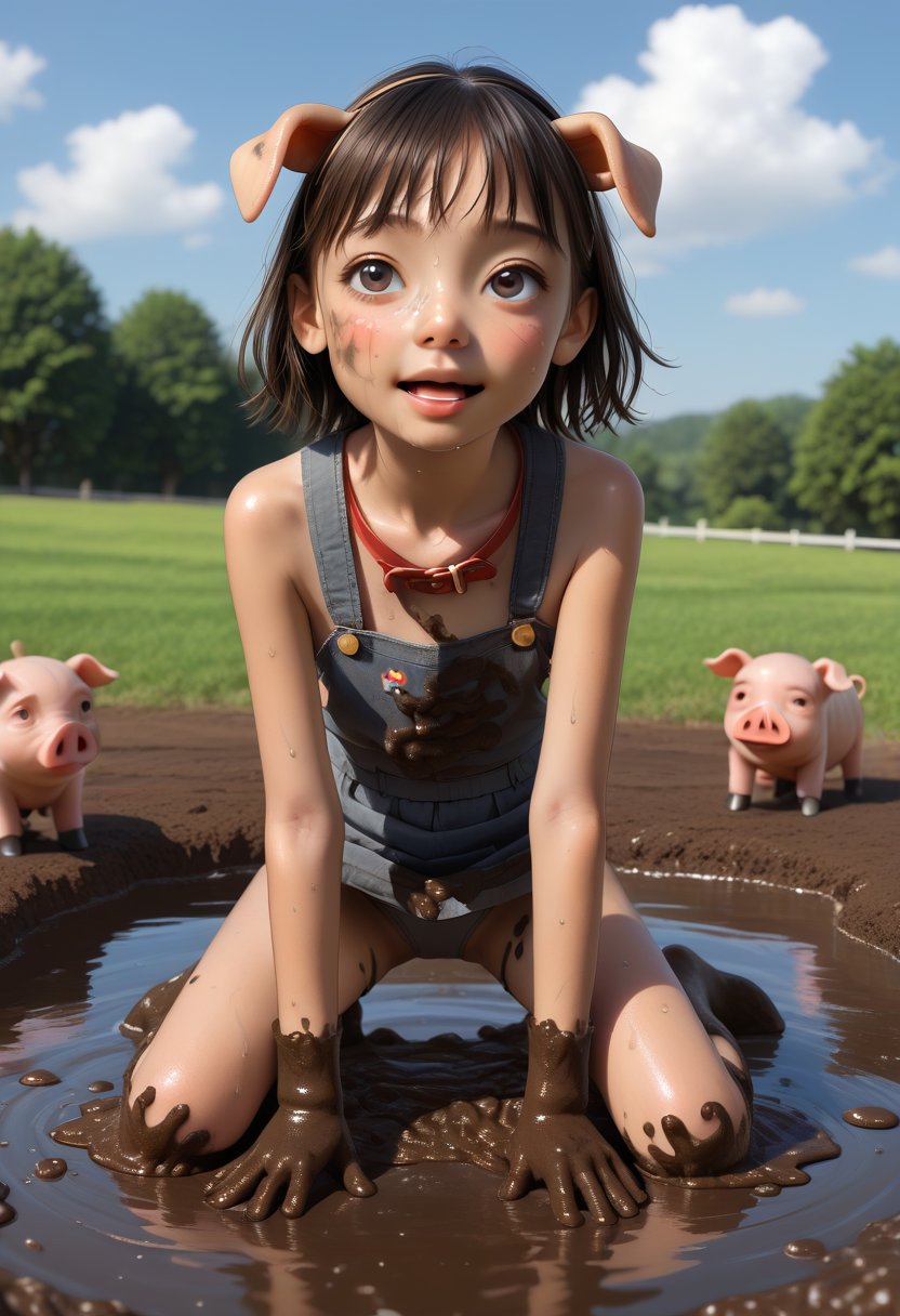 (((a farmer girl 15 years old, with grey underwear, sweaty)), pet is 10 pig around her...play mud