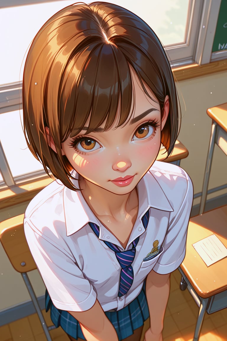 score_9, score_8_up, score_7_up,
(above view:1.4) pov of asian lady with short bob haircut, (classroom interior:1.3), walt disney style