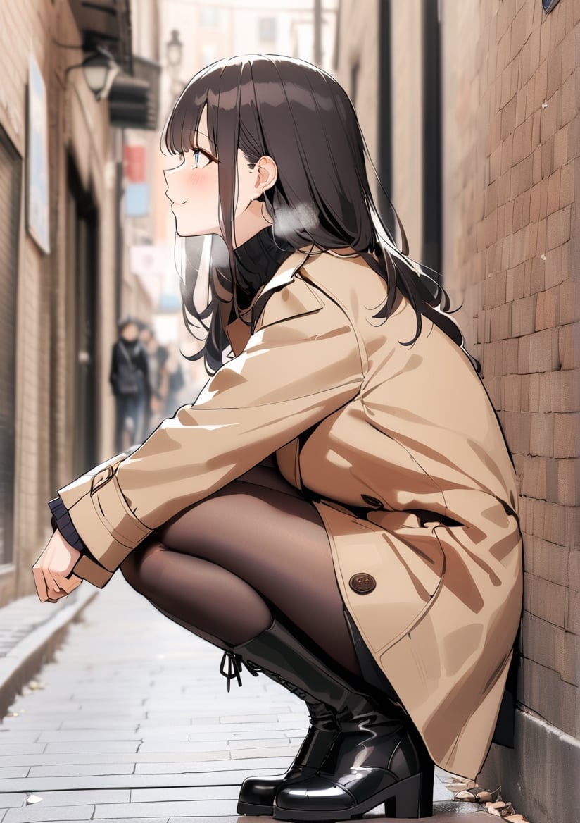 1girl, solo, blush, side profile, smile, closed mouth, bangs, skirt, (trench coat), long sleeves, full body, pantyhose, brown trench coat, black skirt, black footwear, boots, from side, sweater, looking to the side, black pantyhose, turtleneck, black turtle neck, squatting, breath, pencil skirt, outdoors, brick wall, street, photo background, extreme detailed, (masterpiece)