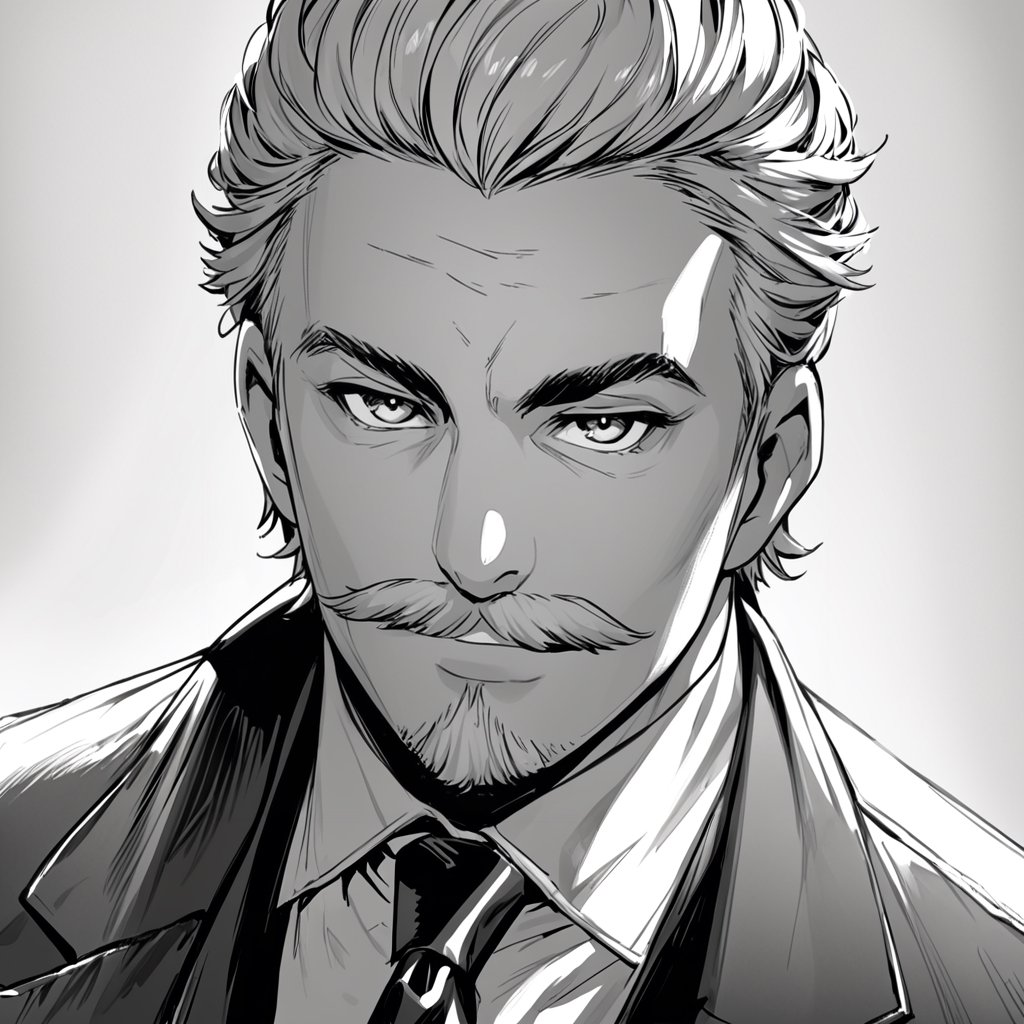 solo, looking at viewer, shirt, 1boy, jacket, monochrome, upper body, greyscale, male focus, necktie, collared shirt, facial hair, formal, suit, portrait, mustache