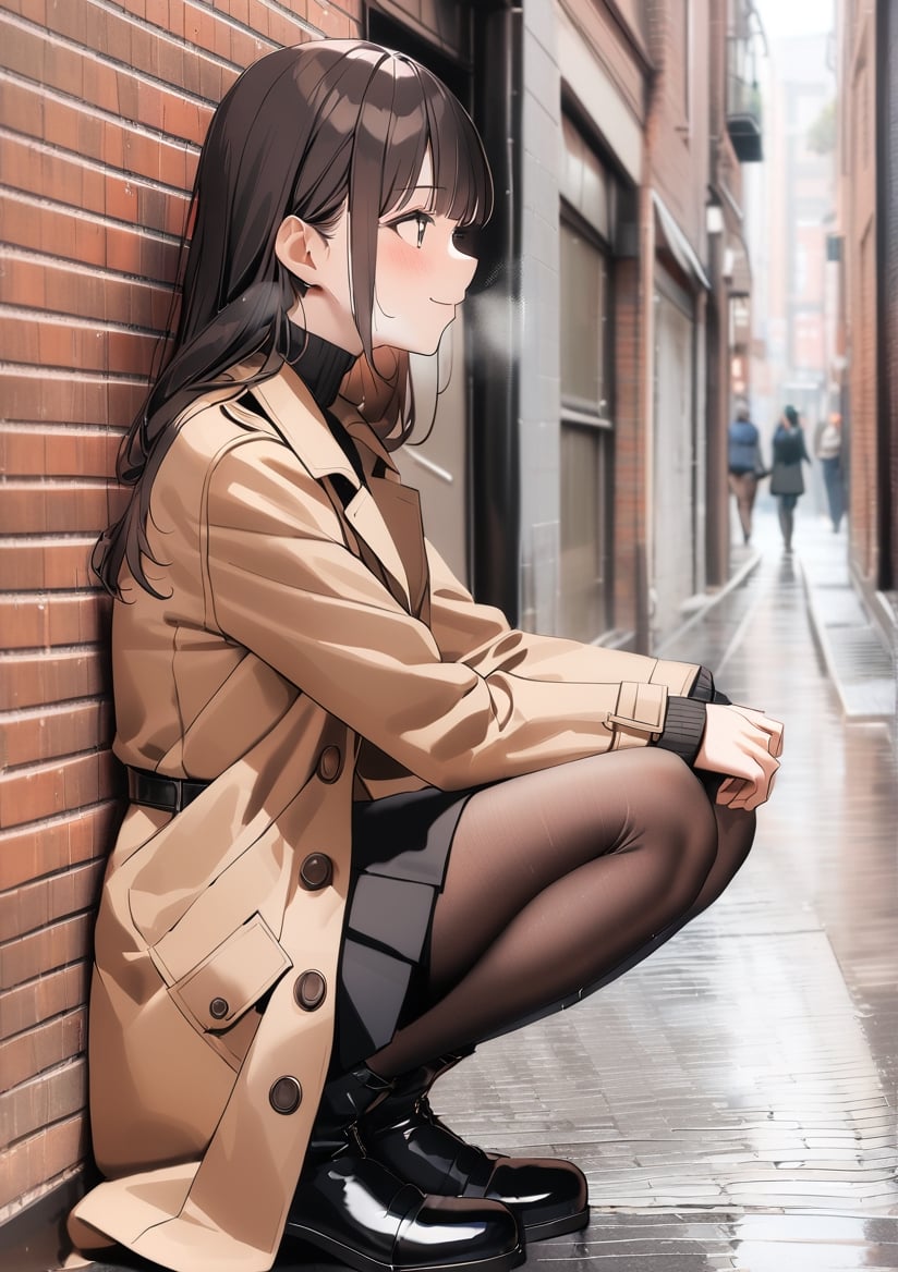 1girl, solo, blush, side profile, smile, closed mouth, bangs, skirt, (trench coat), long sleeves, full body, pantyhose, brown trench coat, black skirt, black footwear, boots, from side, sweater, looking to the side, black pantyhose, turtleneck, black turtle neck, squatting, breath, pencil skirt, outdoors, brick wall, street, rain, photo background, extreme detailed, (masterpiece)