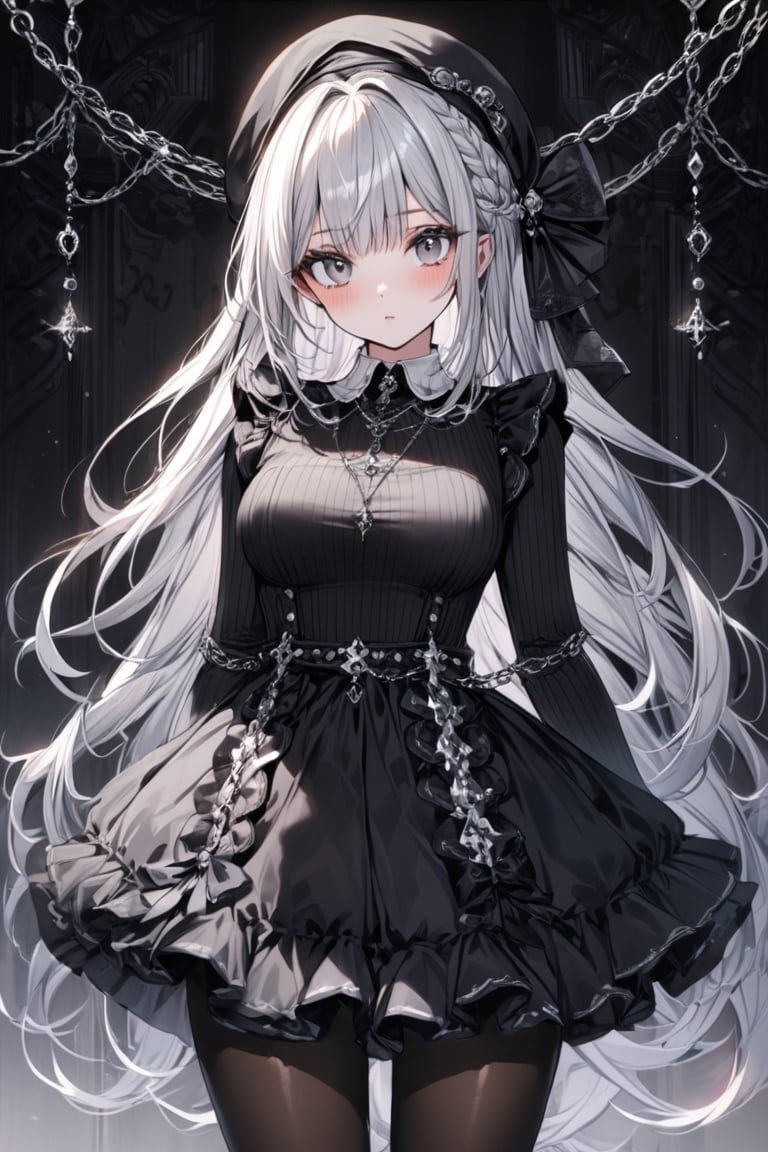 Extreme detailed, (masterful), 1girl, solo, blush, bangs, large (bow), medium breasts, large eyes, very long hair, closed mouth, standing, braid, white hair, grey hair, large black bow with intricate chains, parted lips, grey eyes, beret, sunglasses, black sweater, white collar, black frilled skirt, pantyhose