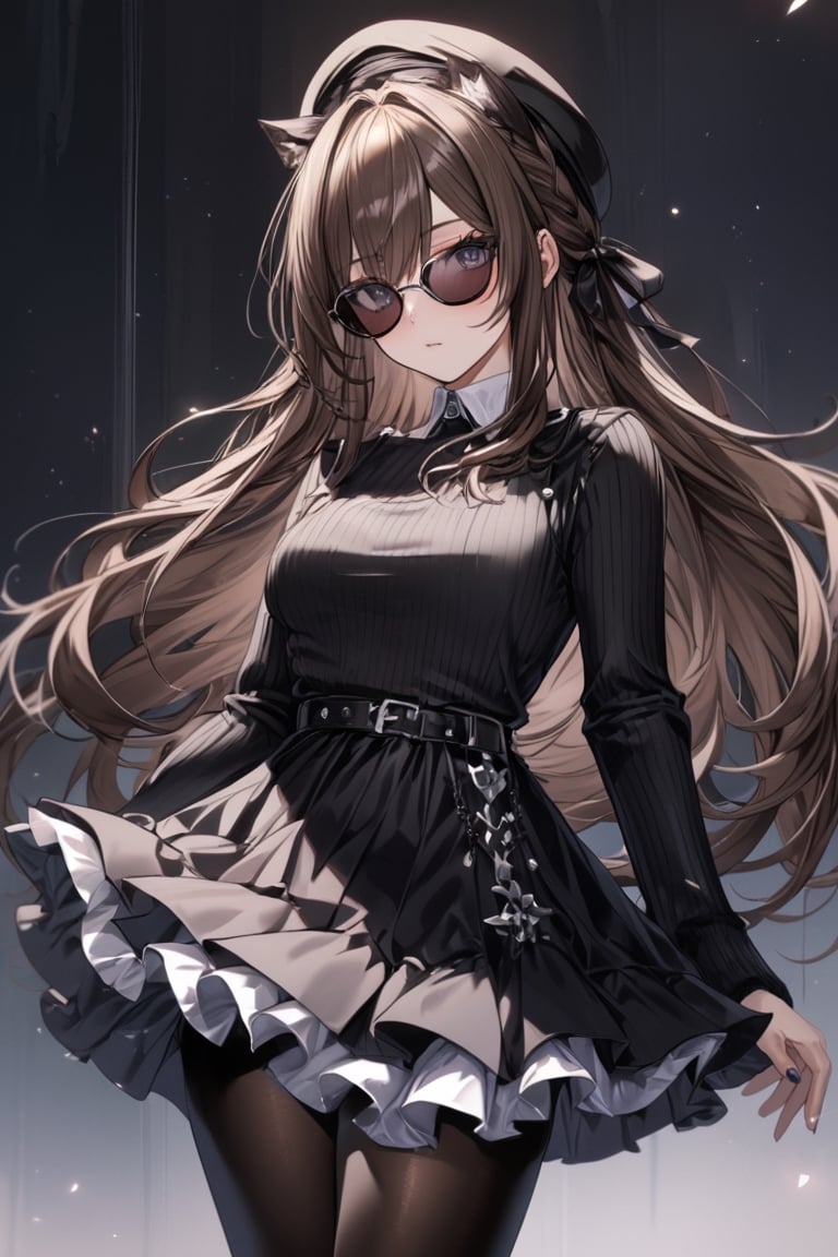 Extreme detailed, (masterful), 1girl, solo, long hair, brown hair, beret, cat ears, sunglasses, black sweater, white collar, black frilled skirt, pantyhose