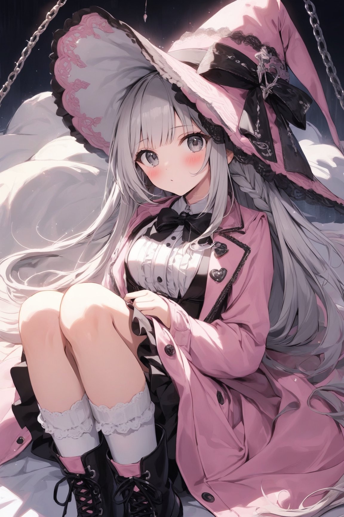 Extreme detailed, (masterful), 1girl, solo, long hair, blush, bangs, large (bow), medium breasts, very long hair, braid, white hair, grey hair, large black bow with intricate chains, grey eyes, pink plague doctor mask, pink witch hat, lace hat covering, pink overcoat, beige undershirt, cyan bowtie, black frilled skirt, white socks, black boots, broomstick