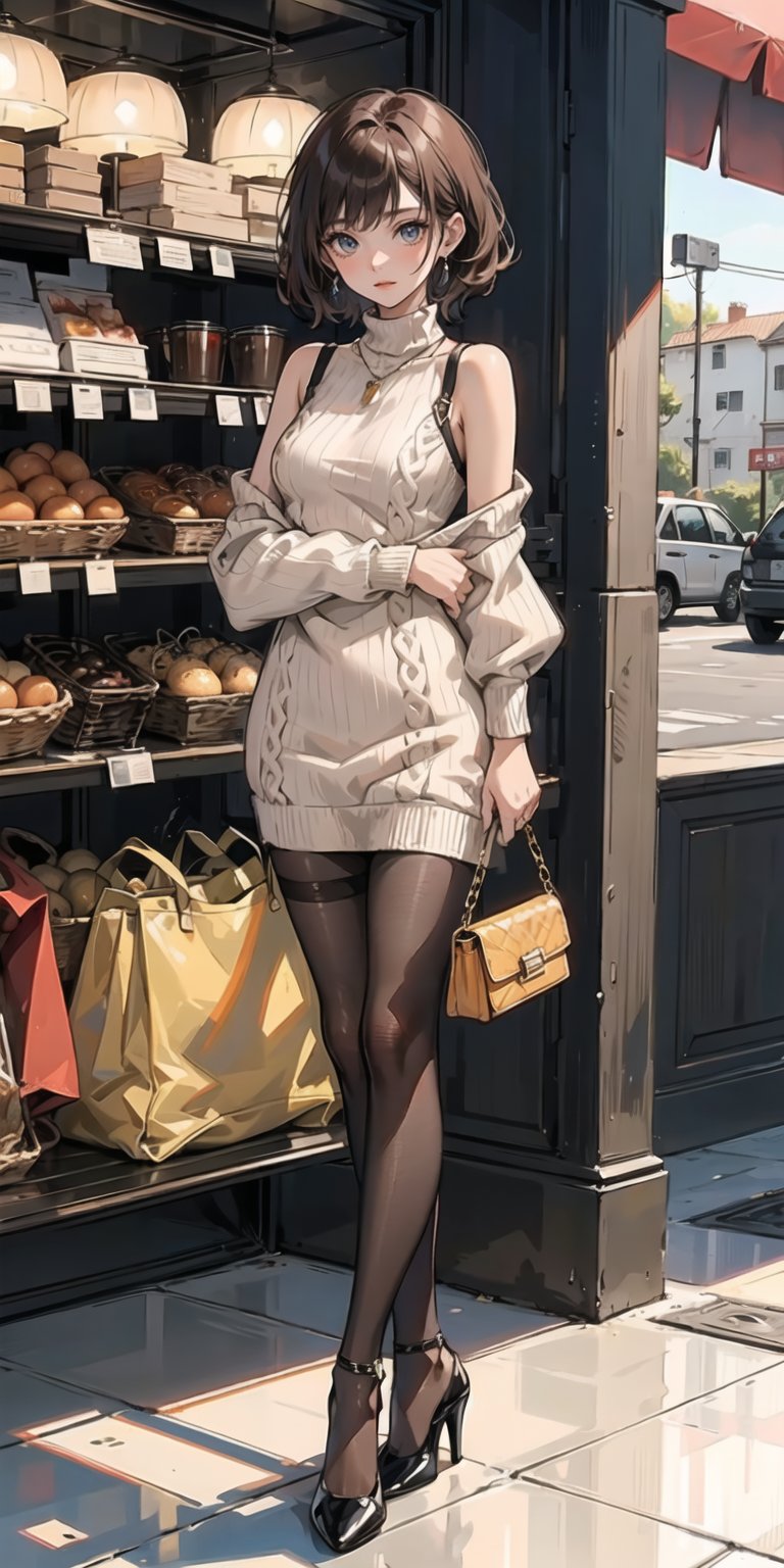 ultra detailed 8k cg, 1girl, modern setting, pantyhose, ((handbag)), summer dress, ankle strap high heels, brown wool sweater