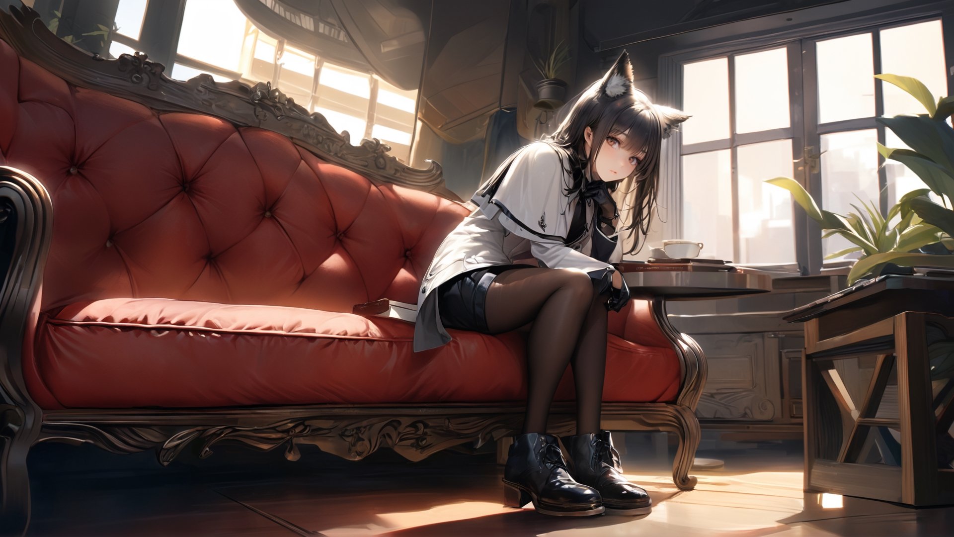 ultra Realistic,Extreme detailed, (masterful), 1girl, solo, long hair, looking at viewer, bangs, black hair, gloves, long sleeves, holding, animal ears, brown eyes, sitting, jacket, full body, pantyhose, shorts, black gloves, indoors, from side, cup, animal ear fluff, book, black pantyhose, window, capelet, chair, black shorts, table, sunlight, wolf ears, white jacket, plant, couch, mug, black capelet, coffee mug, (detailed face), (detailed background), best quality, highest quality, extremely detailed CG unity 8k wallpaper, ,cutegirlmix