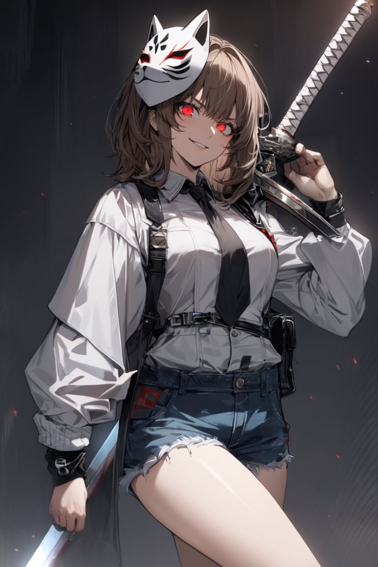 Extreme detailed, (masterful), 1girl, solo, brown hair, wolfcut, medium hair, mask, red eyes, black tie, grey blouse, long sleeves, mask on head, blue jean shorts, white leg warmers, mature face, white mask, huge sword, sword on back, bloody, sword, best hands, normal hands, glowing eyes, smirk, tie, best legs, cat face mask 