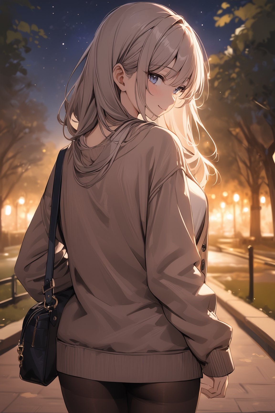 best quality, beautiful detailed, (((masterpiece))), 1girl, sweater, pantyhose, detailed face, outdoors, park, warm lighting, night time, back view, turning head back to face camera, smiling, walking