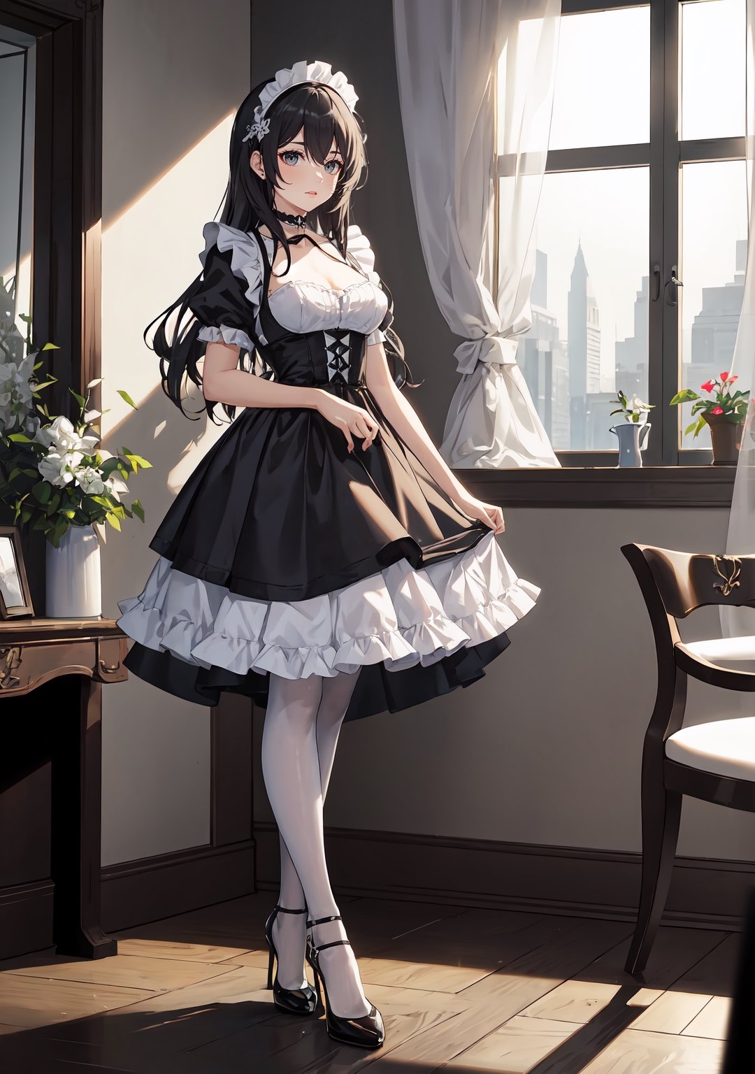 ultra detailed 8k cg, beautiful face, hll,black pantyhose, high heels, ((indoors)), cinematic lighting, fantastical, maid uniform, silk black dress with white trim with full skirt at knee-length, ruffled black choker, ruffled half-apron, black high-heels, ruffled headpiece, young woman, dark grey hair, hair eyes, soulless grey eyes, medium breasts