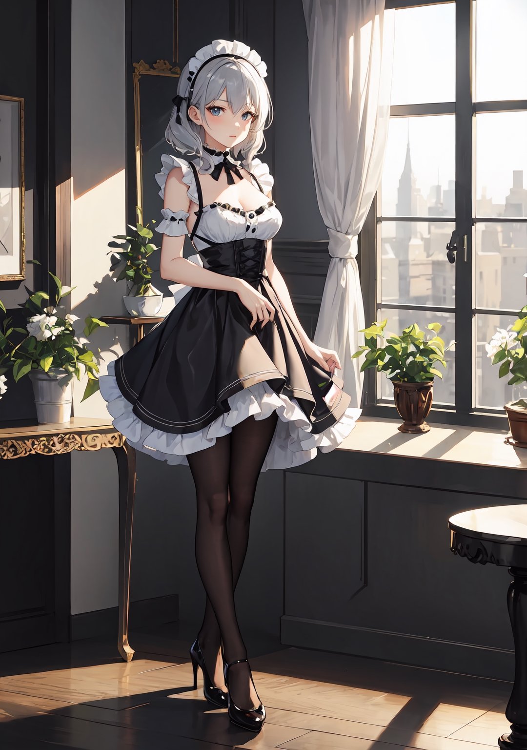 ultra detailed 8k cg, beautiful face, hll,black pantyhose, high heels, ((indoors)), cinematic lighting, fantastical, maid uniform, silk black dress with white trim with full skirt at knee-length, ruffled black choker, ruffled half-apron, black high-heels, ruffled headpiece, young woman, grey hair, hair eyes, soulless eyes, medium breasts