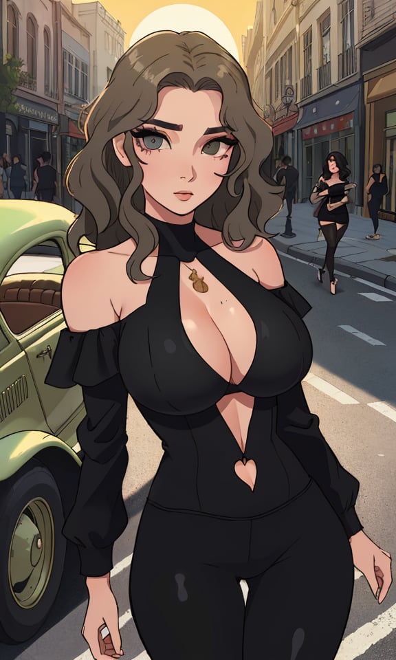 ((masterpiece)), (best quality), ((detailed face)), ((detailed eyes)), highres,((big breast)), ((sexy body)), Confident allure, smoky eyes, tousled chestnut waves, off-shoulder black bodysuit, leaning against a classic car, hourglass, olive, statuesque, sun-kissed, urban street