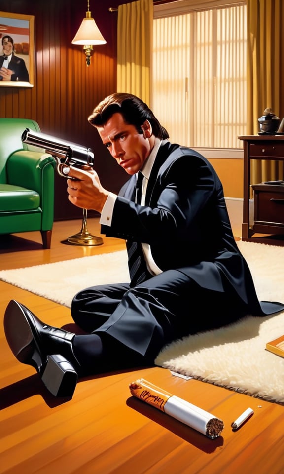 masterpiece,  pulp fiction,((1man)),((john travolta)), ((john travolta lying face down)), (gun on the floor), ((realistic)), (cigarette in hand), lamp behind, (looking at viewer)