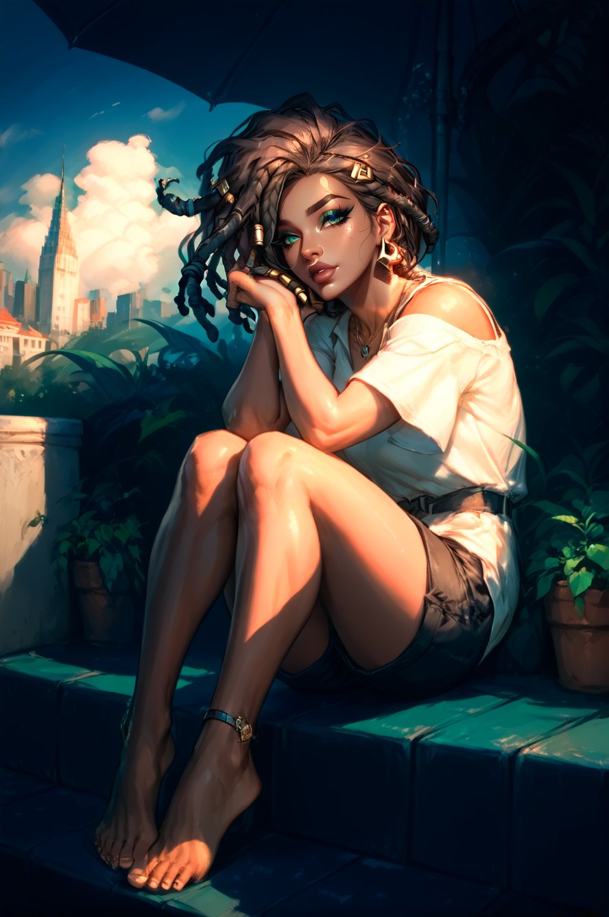  senna \(league of legends\), mature, mature face, dark-skinned female, dreadlocks, green eyes, casual clothes, city, full body, Aesthetic Art Style, iluminacion natural ,score_4_up,score_5_up,score_6_up,score_7_up,score_8_up,score_9


