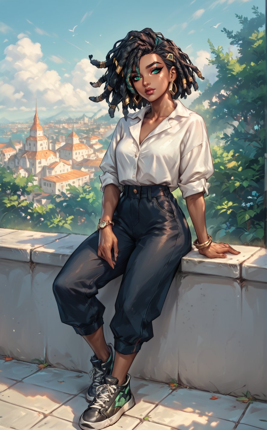  senna \(league of legends\), mature, mature face, dark-skinned female, dreadlocks, green eyes, casual clothes, city, full body, Aesthetic Art Style, iluminacion natural ,score_4_up,score_5_up,score_6_up,score_7_up,score_8_up,score_9


