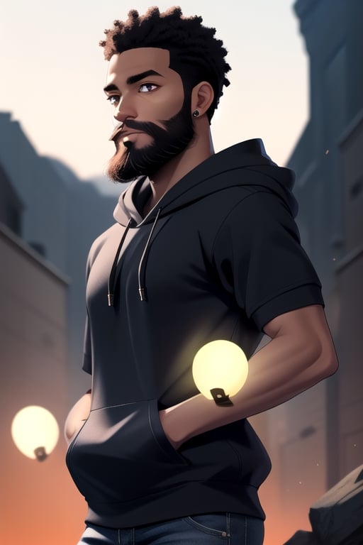 African_male, bushy_beard, black_hoodie, short-hair, glowing_eyes, god, 4K, aura 