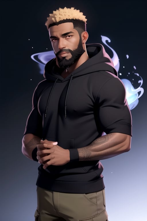 African_male, bushy_beard, black_hoodie, short-hair, glowing_eyes, god, 4K, aura, brown_skin