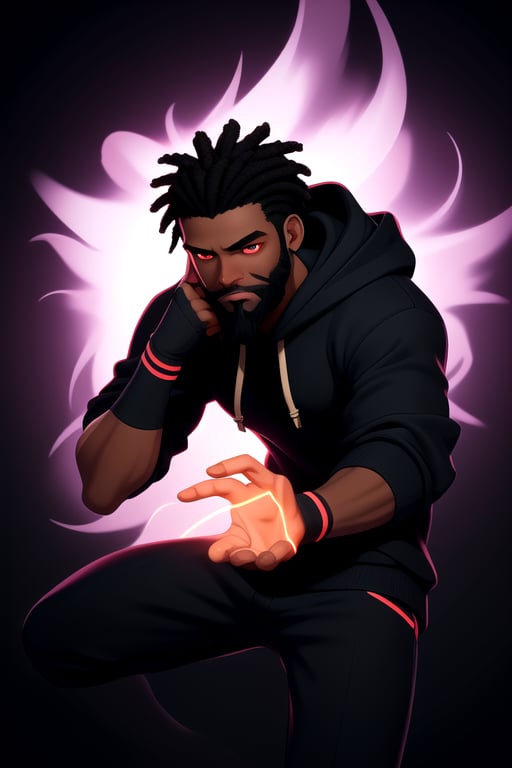 African_male, bushy_beard, black_hoodie, short-hair, glowing_eyes, god