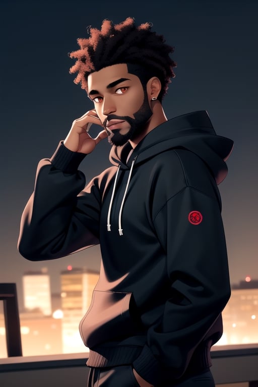 African_male, bushy_beard, black_hoodie, short-hair, glowing_eyes, god, 4K