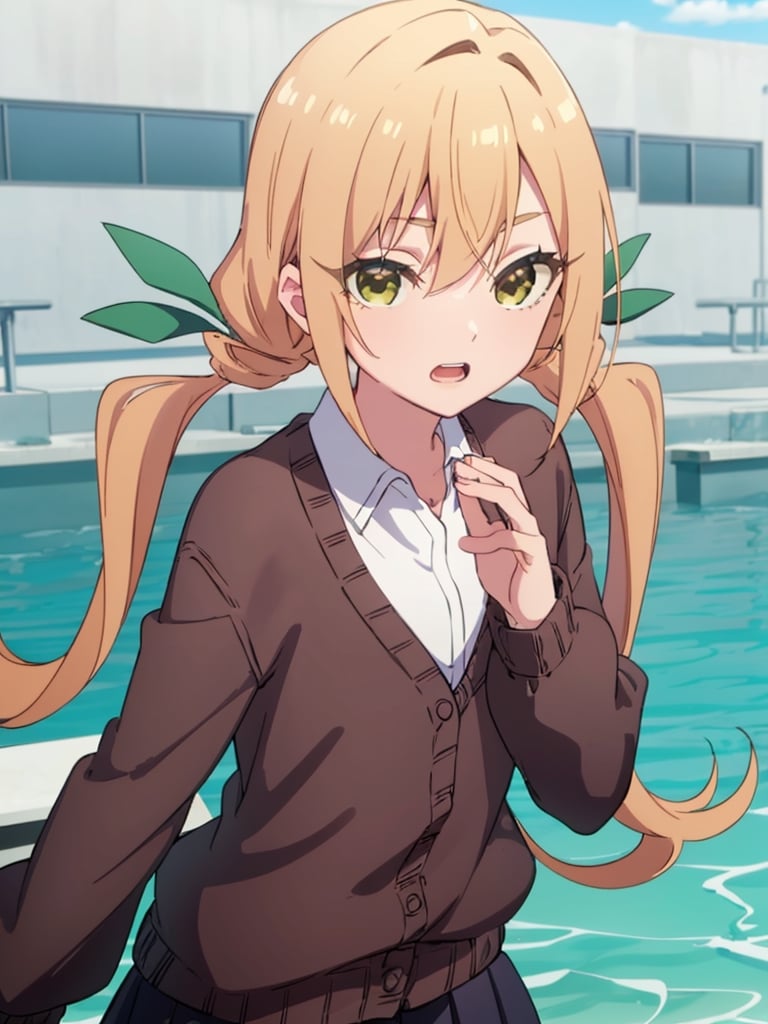 karaneinda, blonde hair, (yellow eyes:1.5), hair ribbon, twintails, low twintails, long hair, (green ribbon:1.2), open mouth, skirt, school uniform, white shirt, pleated skirt, collar, black skirt, brown cardigan, long sleeves, looking at viewer, (water eye:1.5), (upper body:1.5), sky, outdoors, day, building, best quality, high resolution, unity 8k wallpaper, (beautiful detailed eyes:1.6), extremely detailed face, perfect lighting, extremely detailed CG, (perfect hands, perfect anatomy)