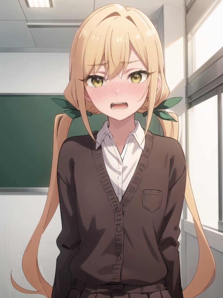 karaneinda, blonde hair, (yellow eyes:1.5), hair ribbon, twintails, low twintails, long hair, (green ribbon:1.2), open mouth, embarrassed, BREAK skirt, shirt, school uniform, white shirt, pleated skirt, cardigan, white shirt, collar, black skirt, brown cardigan, long sleeves, BREAK looking at viewer, BREAK indoors, classroom, (upper body:1.5), (masterpiece:1.2), best quality, high resolution, unity 8k wallpaper, (illustration:0.8), (beautiful detailed eyes:1.6), extremely detailed face, perfect lighting, extremely detailed CG, (perfect hands, perfect anatomy),pikkykarane