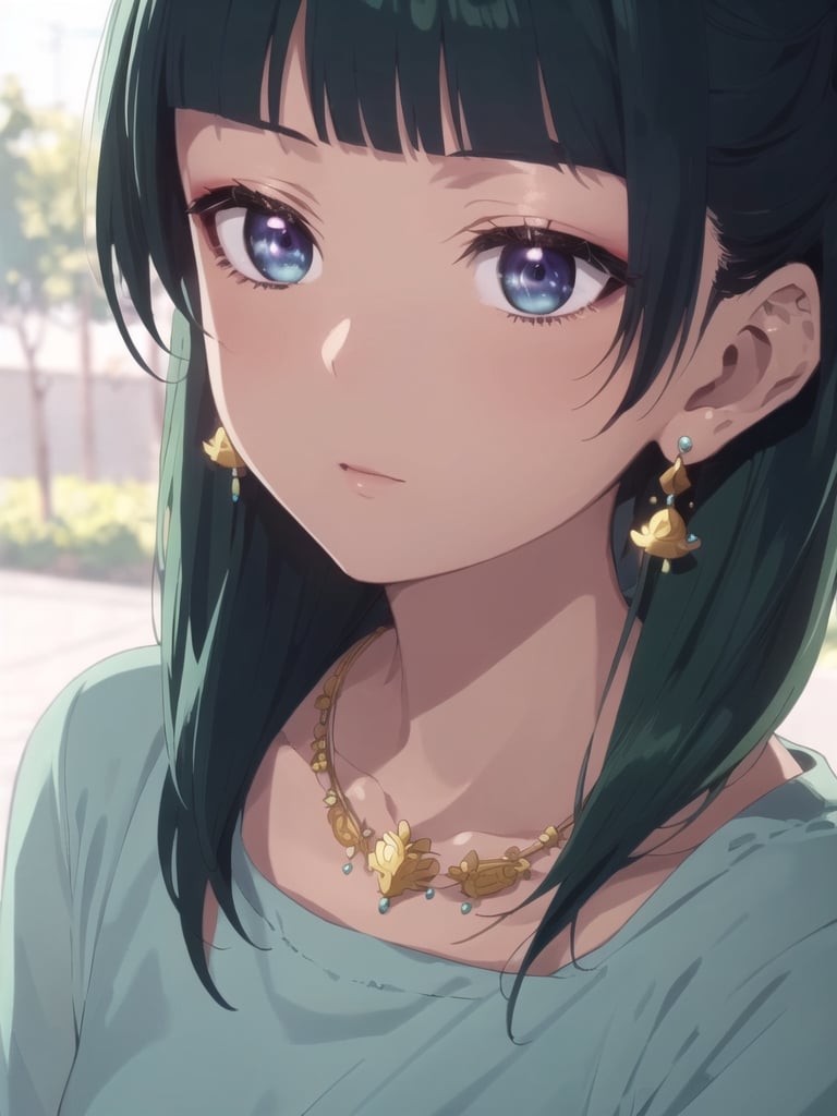 maomao,Dark green hair,blue eyes,hair ornament, hair bun, Earrings,Earrings,Gold necklaceï¼Red eye shadow((extremely realistic shading, masterpiece, extremely detailed, photorealistic))
