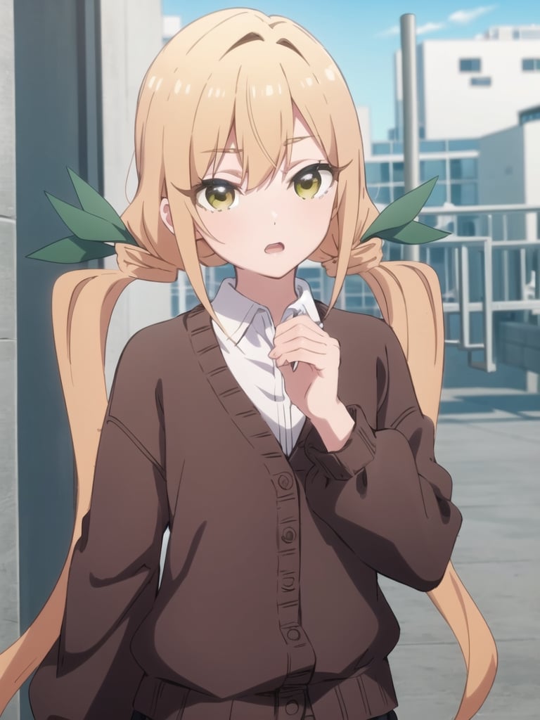 karaneinda, blonde hair, (yellow eyes:1.5), hair ribbon, twintails, low twintails, long hair, (green ribbon:1.2), open mouth, skirt, school uniform, white shirt, pleated skirt, collar, black skirt, brown cardigan, long sleeves, looking at viewer, (upper body:1.5), sky, outdoors, day, building, best quality, high resolution, unity 8k wallpaper, (beautiful detailed eyes:1.6), extremely detailed face, perfect lighting, extremely detailed CG, (perfect hands, perfect anatomy)