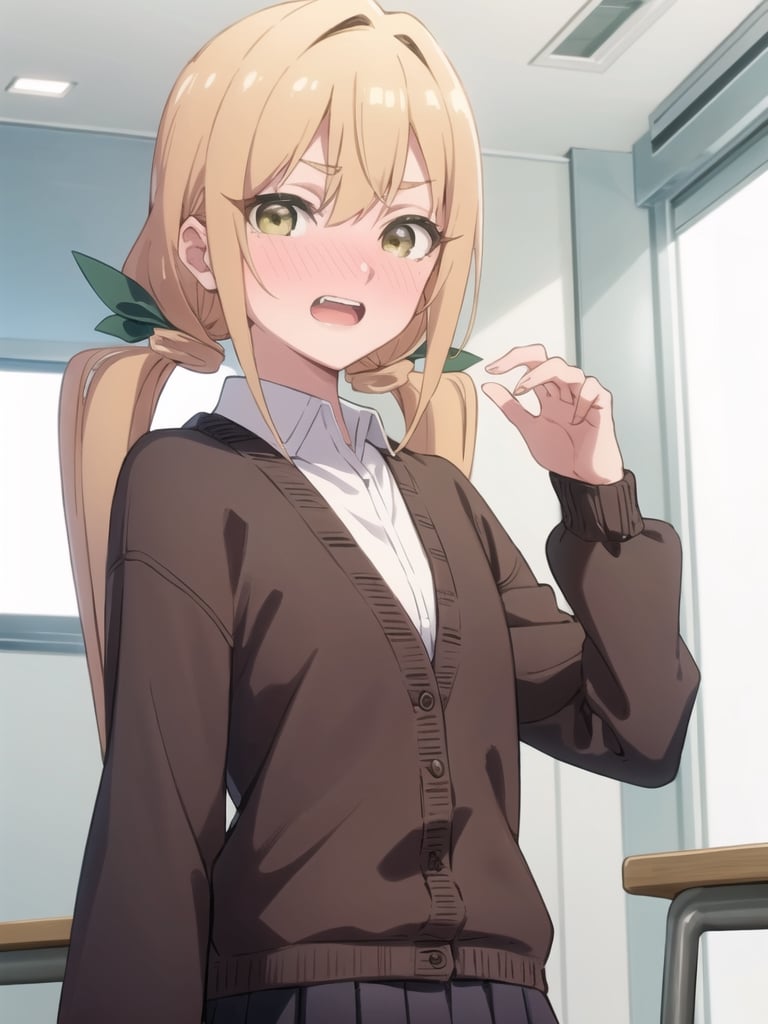 karaneinda, blonde hair, (yellow eyes:1.5), hair ribbon, twintails, low twintails, long hair, (green ribbon:1.2), open mouth, embarrassed, BREAK skirt, shirt, school uniform, white shirt, pleated skirt, cardigan, white shirt, collar, black skirt, brown cardigan, long sleeves, BREAK looking at viewer, BREAK indoors, classroom, (upper body:1.5), (masterpiece:1.2), best quality, high resolution, unity 8k wallpaper, (illustration:0.8), (beautiful detailed eyes:1.6), extremely detailed face, perfect lighting, extremely detailed CG, (perfect hands, perfect anatomy),pikkykarane