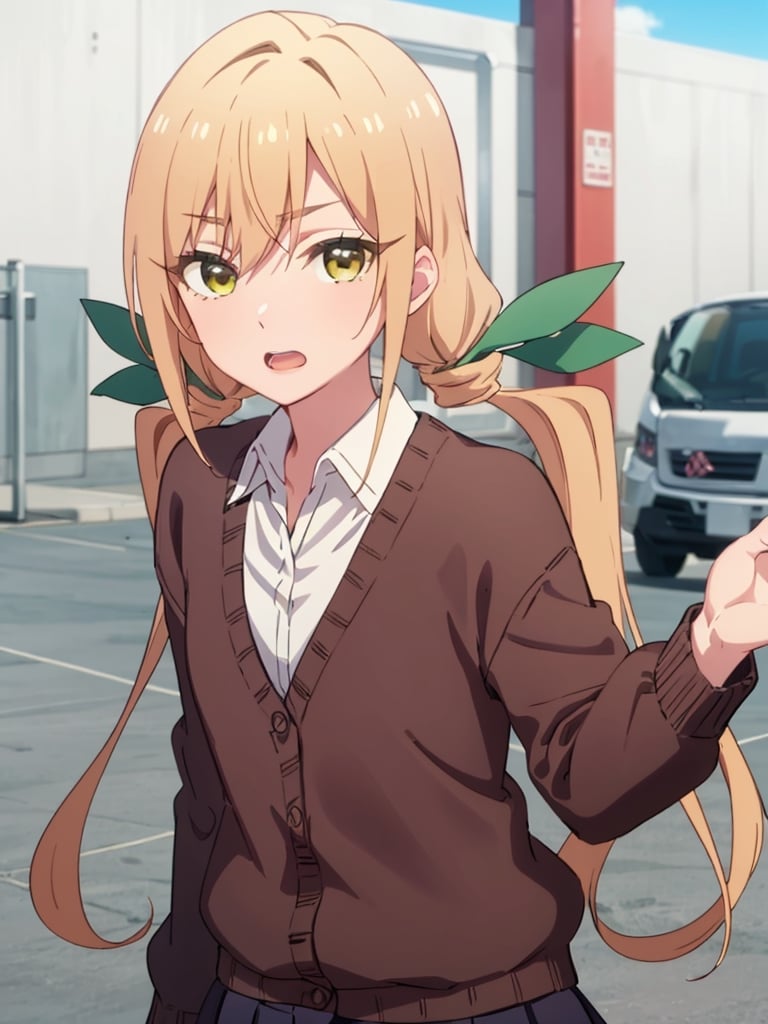 karaneinda, blonde hair, (yellow eyes:1.5), hair ribbon, twintails, low twintails, long hair, (green ribbon:1.2), open mouth, skirt, school uniform, white shirt, pleated skirt, collar, black skirt, brown cardigan, long sleeves, looking at viewer, naughty face, (upper body:1.5), sky, outdoors, day, building, best quality, high resolution, unity 8k wallpaper, (beautiful detailed eyes:1.6), extremely detailed face, perfect lighting, extremely detailed CG, (perfect hands, perfect anatomy)