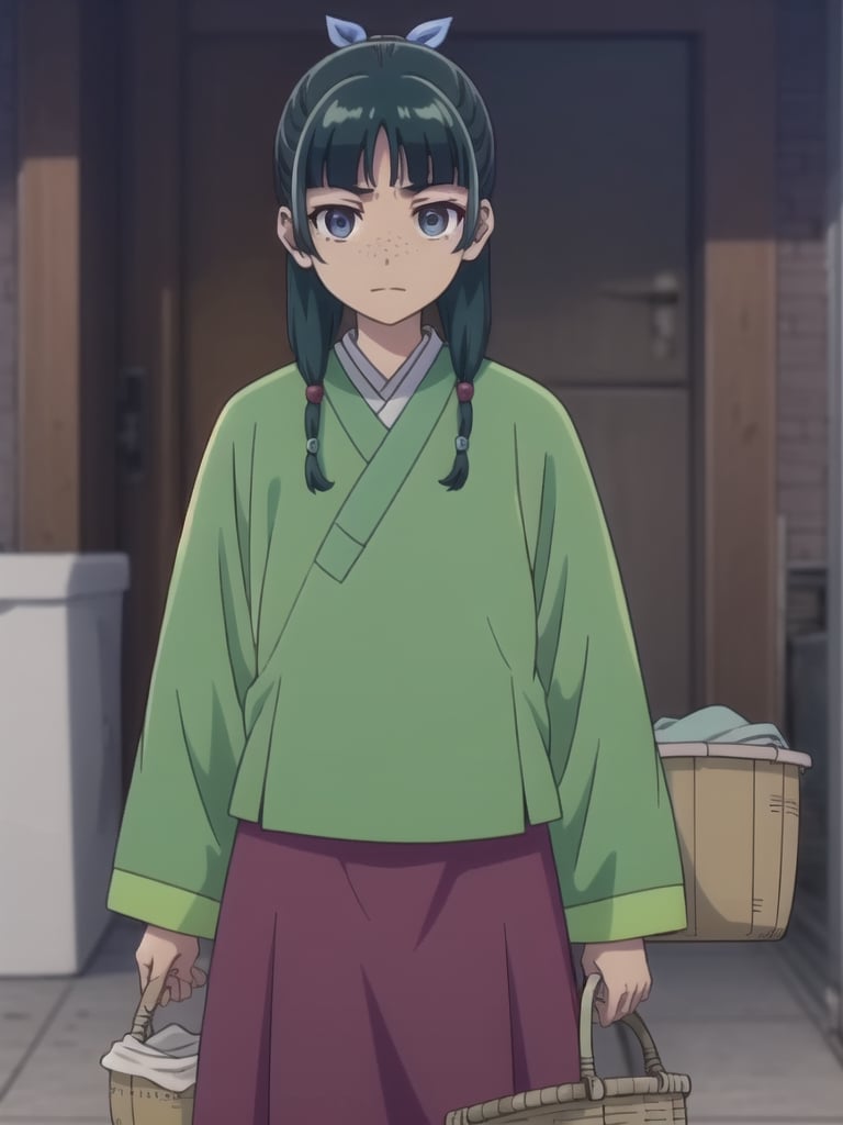 Maomao, frown, east asian architecture, blunt bangs, green hair, long hair, blue eyes, solo, gonvgreen, sidelocks, twin braids, hair over shoulder, hair beads, half updo, single hair bun, hair ribbon, blue ribbon, freckles, hanfu, green japanese clothes, long sleeves, wide sleeves, purple skirt, long skirt, shoes, (have a laundry basket:1.5), courtyard, beam smile, outdoors, cowboy shot, looking at viewer
