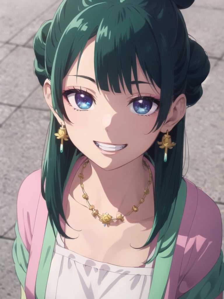 maomao,Dark green hair,blue eyes,hair ornament, hair bun, Earrings,Earrings,Gold necklace, Red eye shadow, grin smile, ((extremely realistic shading, masterpiece, extremely detailed, photorealistic)), upper body shot, shoot from above, (looking at  viewer:1.5)