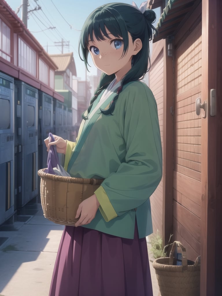 Maomao, frown, east asian architecture, blunt bangs, green hair, long hair, blue eyes, solo, gonvgreen, sidelocks, twin braids, hair over shoulder, hair beads, half updo, single hair bun, hair ribbon, blue ribbon, freckles, hanfu, green japanese clothes, long sleeves, wide sleeves, purple skirt, long skirt, shoes, (have a laundry basket:1.5), courtyard, beam smile, outdoors, cowboy shot, looking at viewer
