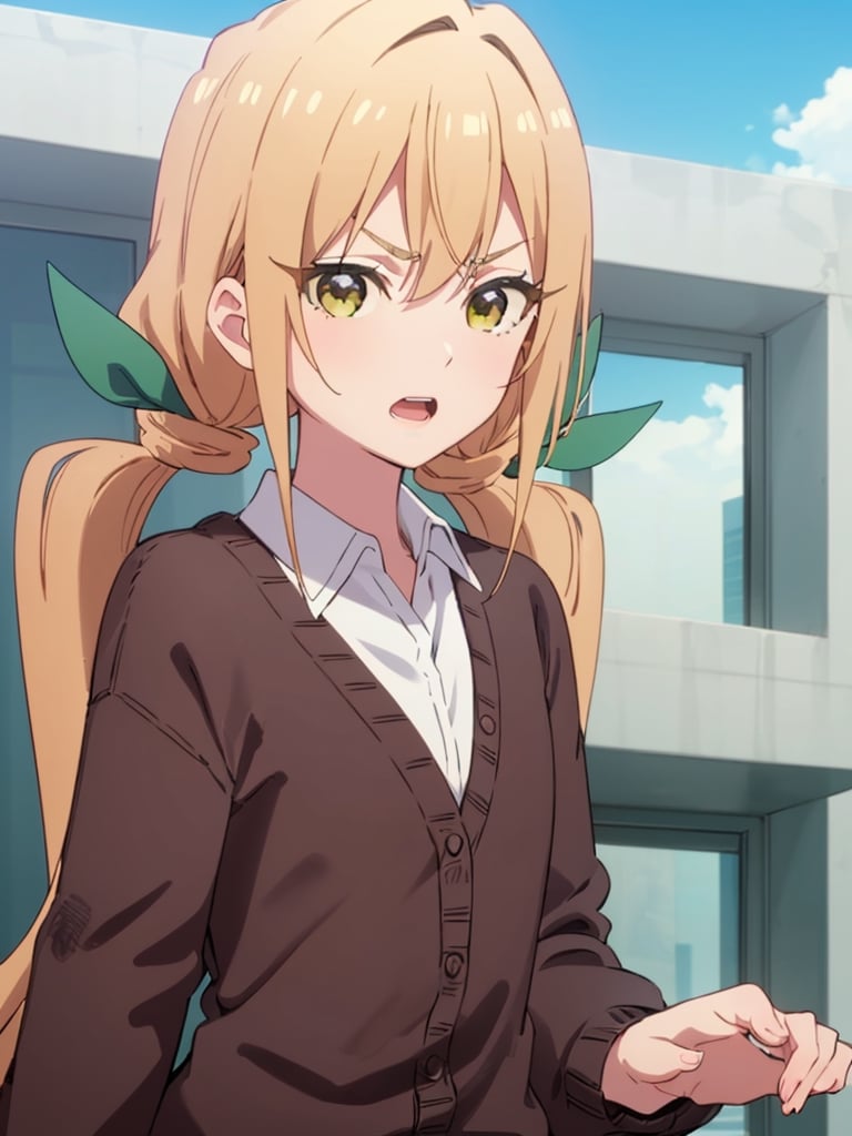 karaneinda, blonde hair, (yellow eyes:1.5), hair ribbon, twintails, low twintails, long hair, (green ribbon:1.2), open mouth, skirt, school uniform, white shirt, pleated skirt, collar, black skirt, brown cardigan, long sleeves, looking at viewer, water eye, (determined face:1.2), (upper body:1.5), sky, outdoors, day, building, best quality, high resolution, unity 8k wallpaper, (beautiful detailed eyes:1.6), extremely detailed face, perfect lighting, extremely detailed CG, (perfect hands, perfect anatomy)