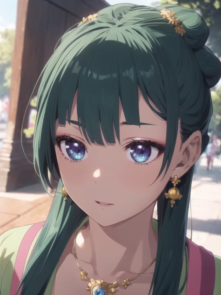 maomao,Dark green hair,blue eyes,hair ornament, hair bun, Earrings,Earrings,Gold necklaceï¼Red eye shadow((extremely realistic shading, masterpiece, extremely detailed, photorealistic))
