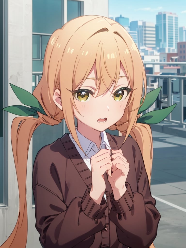 karaneinda, blonde hair, (yellow eyes:1.5), hair ribbon, twintails, low twintails, long hair, (green ribbon:1.2), open mouth, skirt, school uniform, white shirt, pleated skirt, collar, black skirt, brown cardigan, long sleeves, looking at viewer, (upper body:1.5), sky, outdoors, day, building, best quality, high resolution, unity 8k wallpaper, (beautiful detailed eyes:1.6), extremely detailed face, perfect lighting, extremely detailed CG, (perfect hands, perfect anatomy)