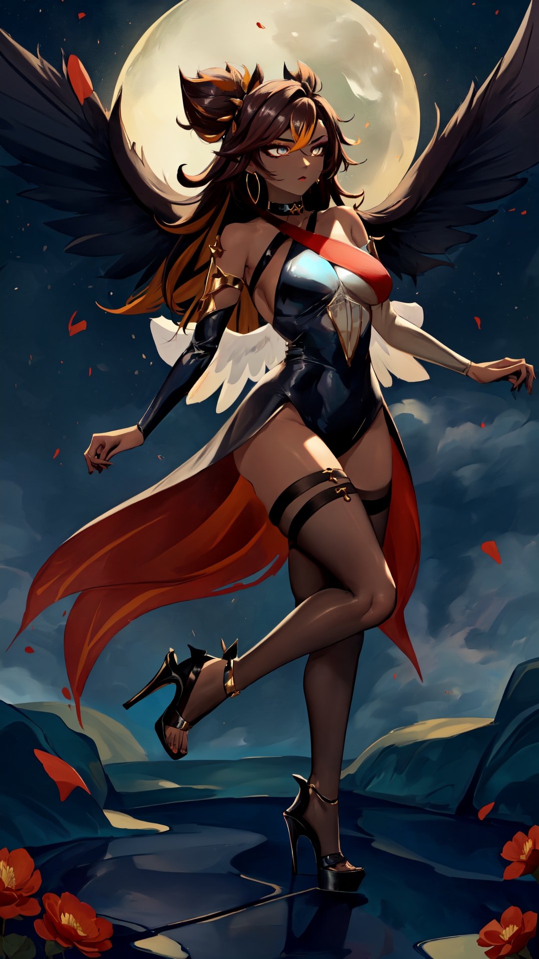 (1gril,)) dress, ((long dress))  low cut, brown hair, gold earing, ((medium breast,)) (full body, )black stockings, choker, black heels, ((plataform heels,)) ((nigth, )) ((dark skin,)) long hair, dark_skinned_female, petals_in_wind, flying, dark wings,on_one_leg,