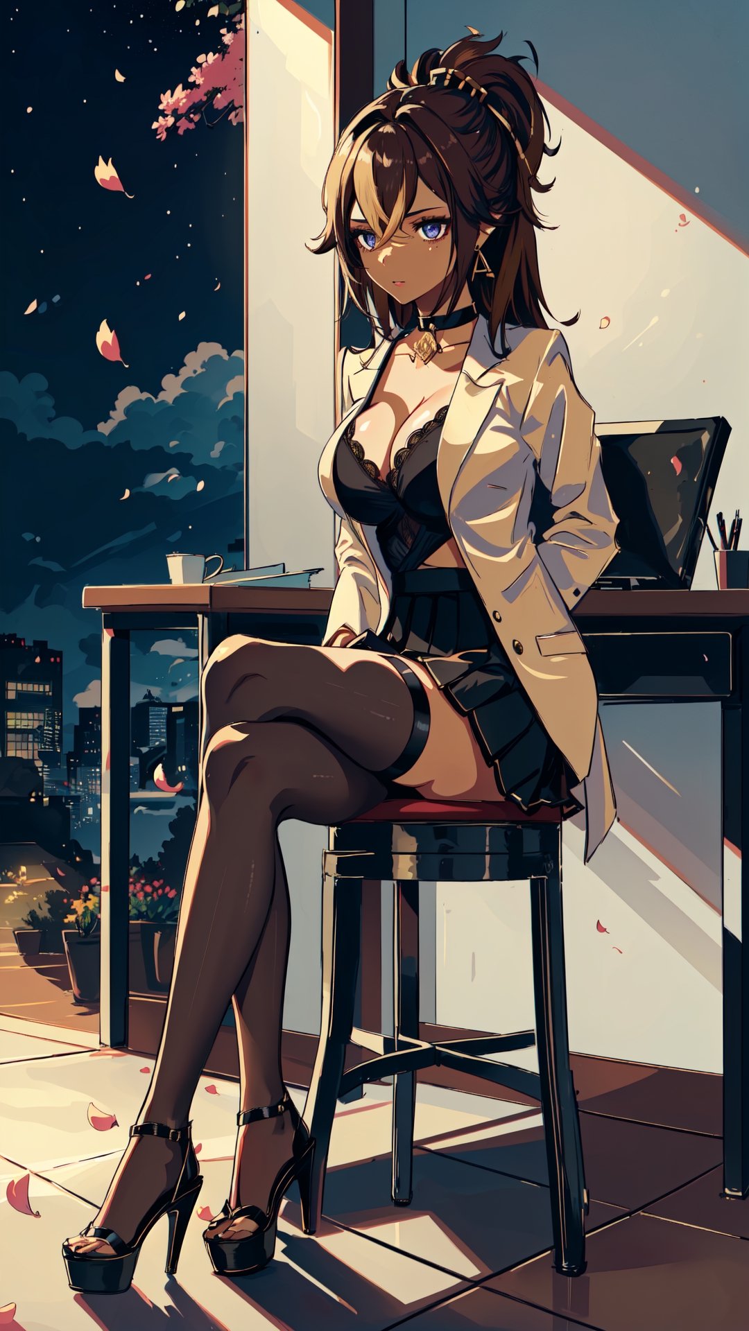 (1gril,))((office suit,)) ((office skirt,))  brown hair, gold earing, ((medium breast,)) (full body, )black stockings, choker, black heels, ((plataform heels,)) ((nigth, )) ((dark skin,)) long hair, petals_in_wind, siting, crossed_legs, dark skin,