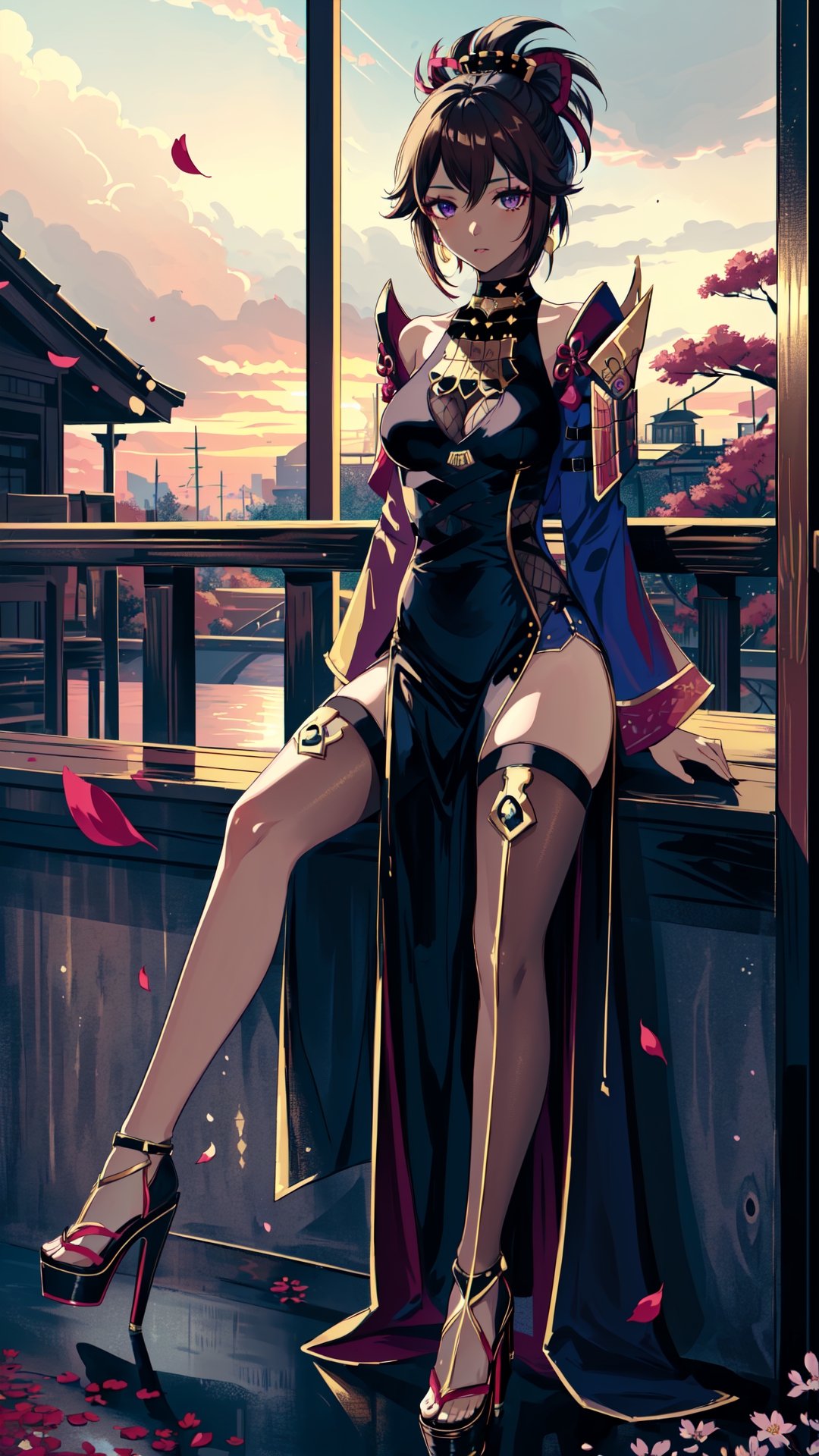 (1gril,)) dress, ((long dress))  low cut, brown hair, gold earing, ((medium breast,)) (full body, )black stockings, choker, black heels, ((plataform heels,)) ((nigth, )) ((dark skin,)) long hair, petals_in_wind, siting, crossed_legs_(lying),kukishinobudef