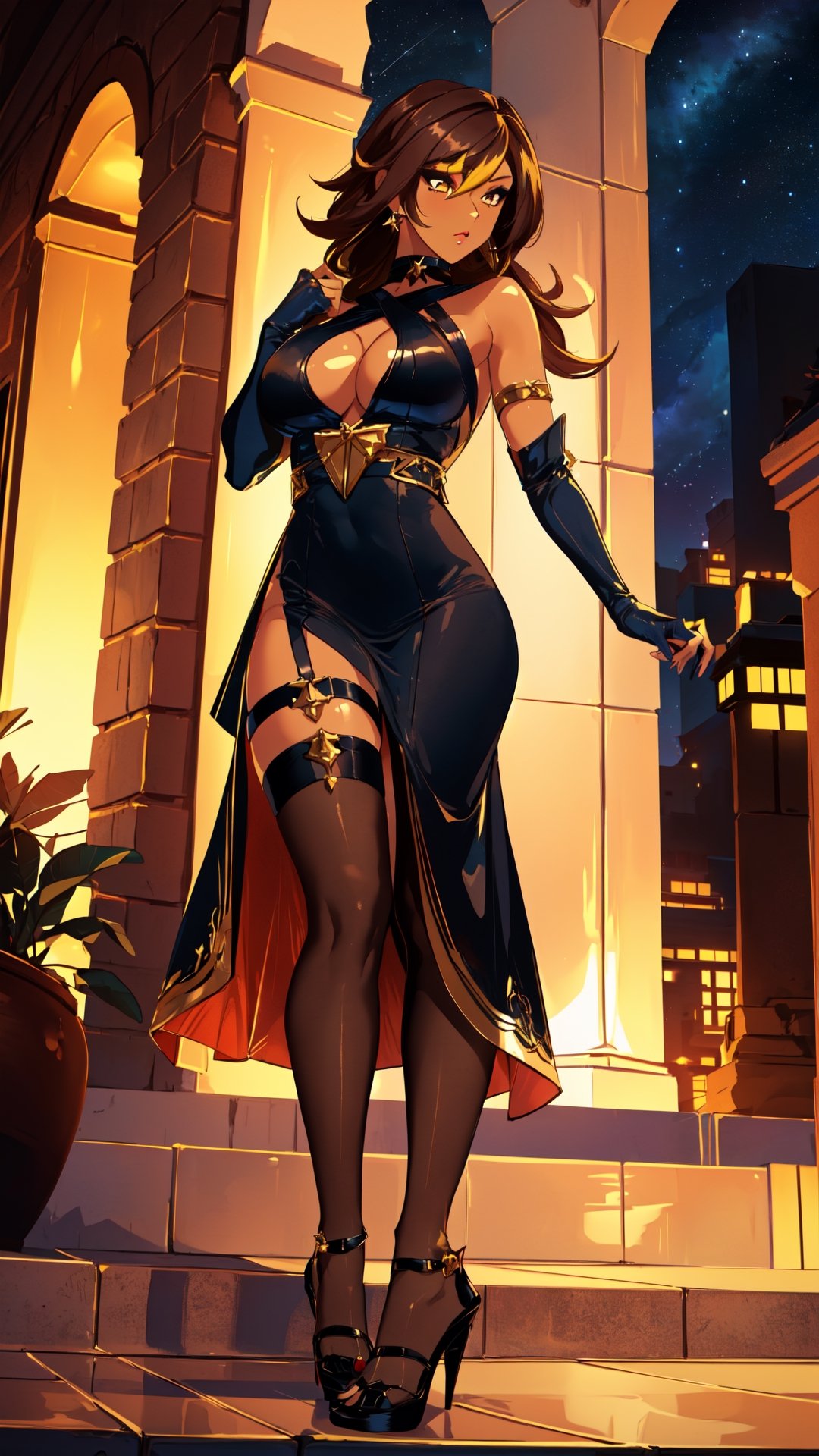 (1gril,)) dress, ((long dress)) cut_leg_dress, low cut, brown hair, gold earing, ((medium breast,)) (full body, )black stockings, choker, black heels, ((plataform heels,)) ((nigth, )) ((dark skin,)) long hair, dark_skinned_female,furia