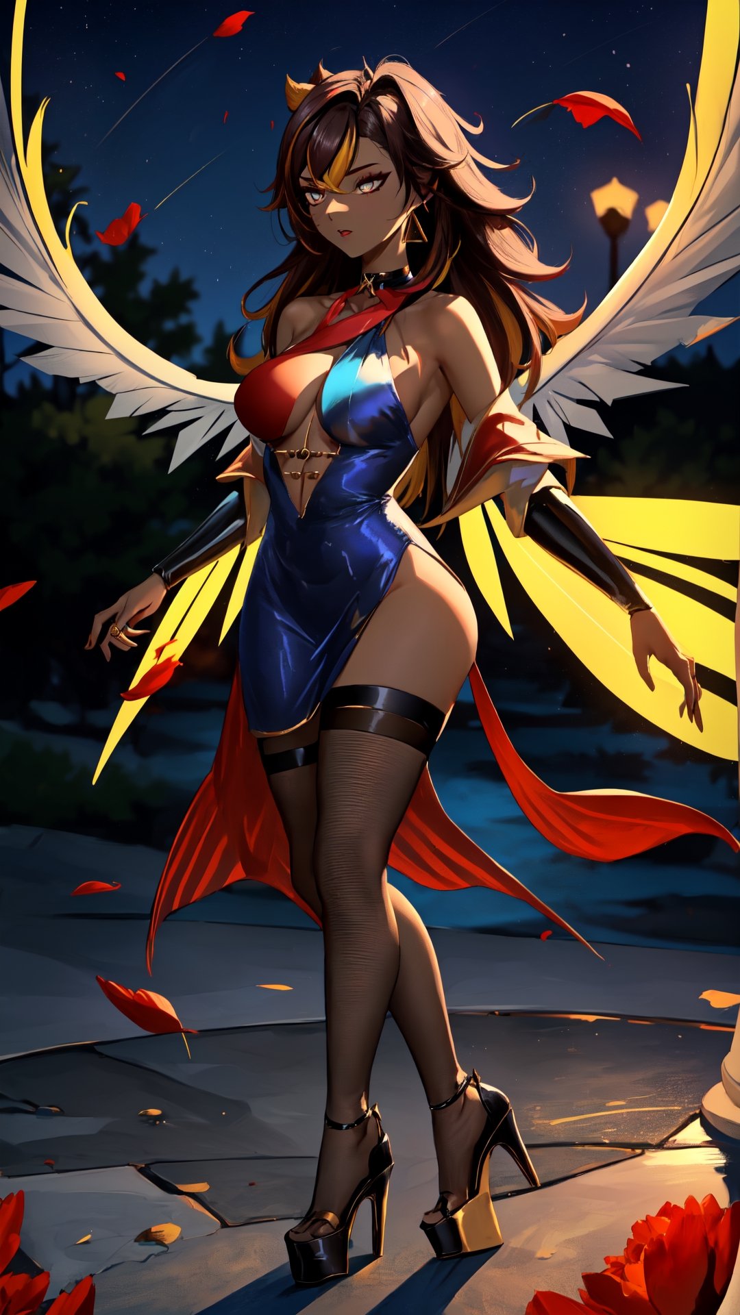 (1gril,)) dress, ((long dress))  low cut, brown hair, gold earing, ((medium breast,)) (full body, )black stockings, choker, black heels, ((plataform heels,)) ((nigth, )) ((dark skin,)) long hair, dark_skinned_female, petals_in_wind, flying, dark wings,on_one_leg,