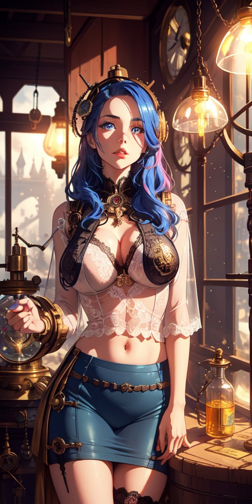 An enthusiastic girl with big blue eyes and short, multi-colored hair,semi-nude, long hair, provocative content, pornographic,sexy lingerie,lace micro, lace_trim, lace garter belt, Woman dressed as an alchemist in a steampunk world, surrounded by whimsical clockwork machinery and magical potions.
Flower armor with gears and mechanical details, blending steampunk aesthetics with a touch of nature.
Close-up shot with luminism and bokeh, highlighting the magic and alchemical elements in the scene.
HDR of 1.4, intensifying the colors and textures of the steampunk and magical components.
Cinematic pink and blue filter with a value of 0.85, infusing the image with enchanting and mysterious vibes.
Ethereal background with fractal isometrics, creating a surreal and fantastical setting.
Realistic yet fantastical details, bringing the alchemist's world to life., big_boobs, Perfect anatomy, the golden ratio (masterpiece, top quality, extreme),