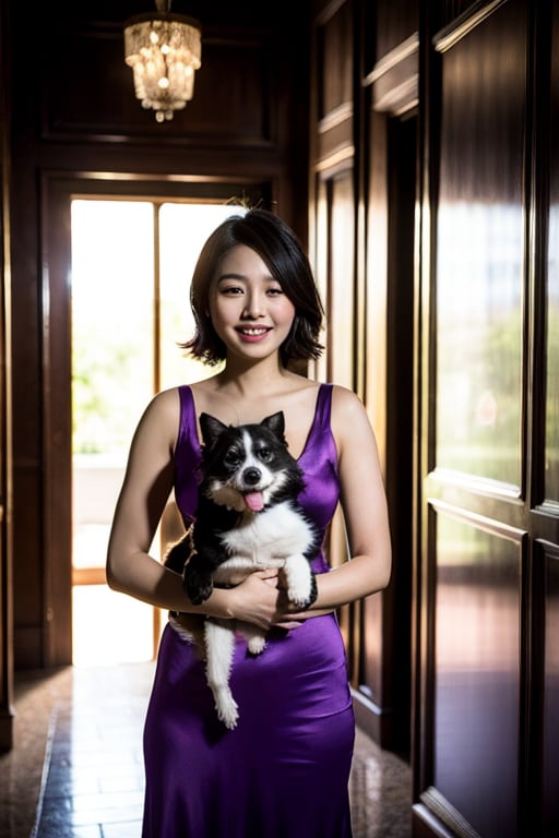  [full-length portrait] [European female fashion model aged 8-23 years hugging a dog] [dressed like an art deco style] [laughing] [purple hair] [hugging the dog] [Photo taken in front of a Luxury mansion] [type of illumination: backlight], extremely realistic, 8k, insane details, intricate details, beautifully color graded, Color Grading, Editorial Photography, Photography, Bokeh, taken with a 60mm lens, ISO 300, f/4, 1/200th --ar 2:3