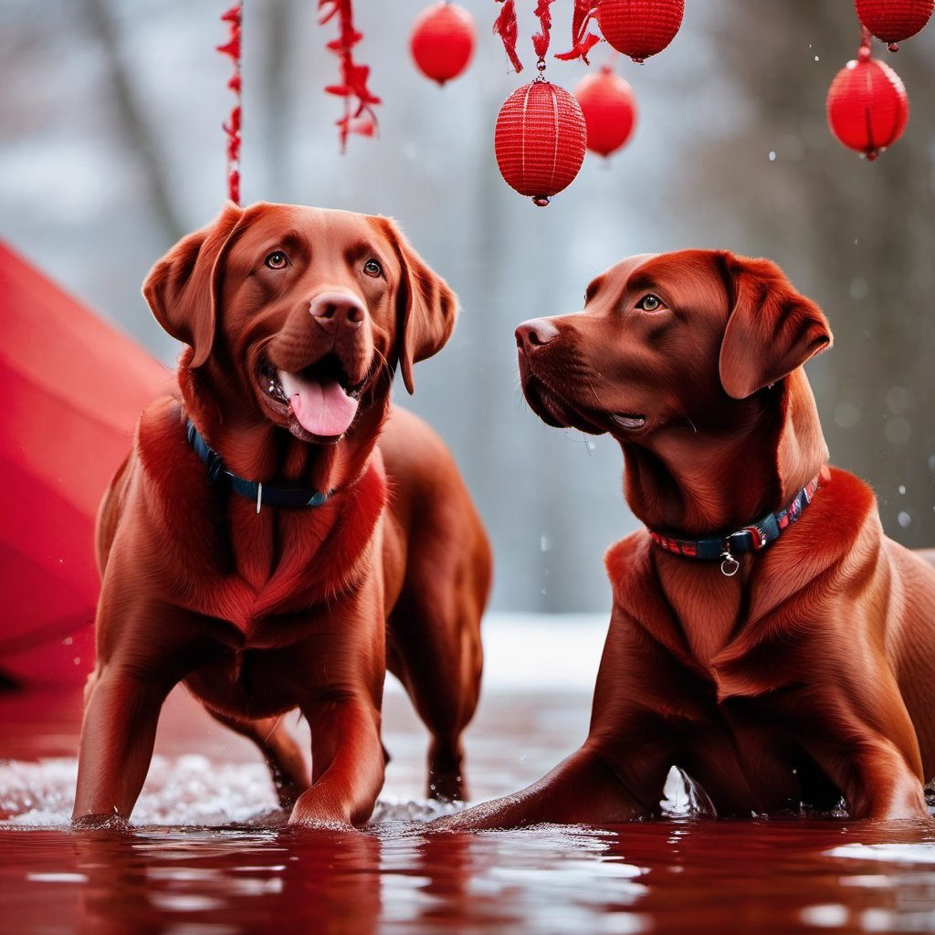  three Labrador Retrievers, 
 playing, red theme,