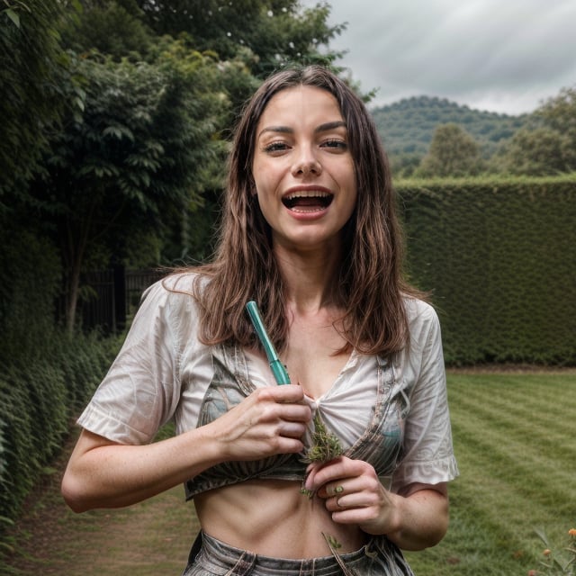 photo of an English woman named freya dwyne, dressed as a gardener, holding a weed clipper, facial expression laughing happily, looking smart