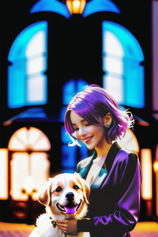  [full-length portrait] [European female fashion model aged 8-23 years hugging a dog] [laughing] [purple hair] [hugging the dog] [Photo taken in front of a Luxury mansion] [type of illumination: backlight], extremely realistic, 8k, insane details, intricate details, beautifully color graded, Color Grading, Editorial Photography, Photography, Bokeh, taken with a 60mm lens, ISO 300, f/4, 1/200th --ar 2:3