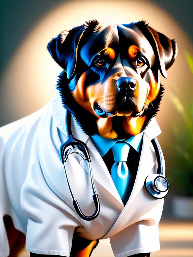 a strong Rottweiler sporting a crisp white lab coat and stethoscope, extremely realistic, warm light, ultra high quality down to the hairs, 8k, full HD, very high detail, 