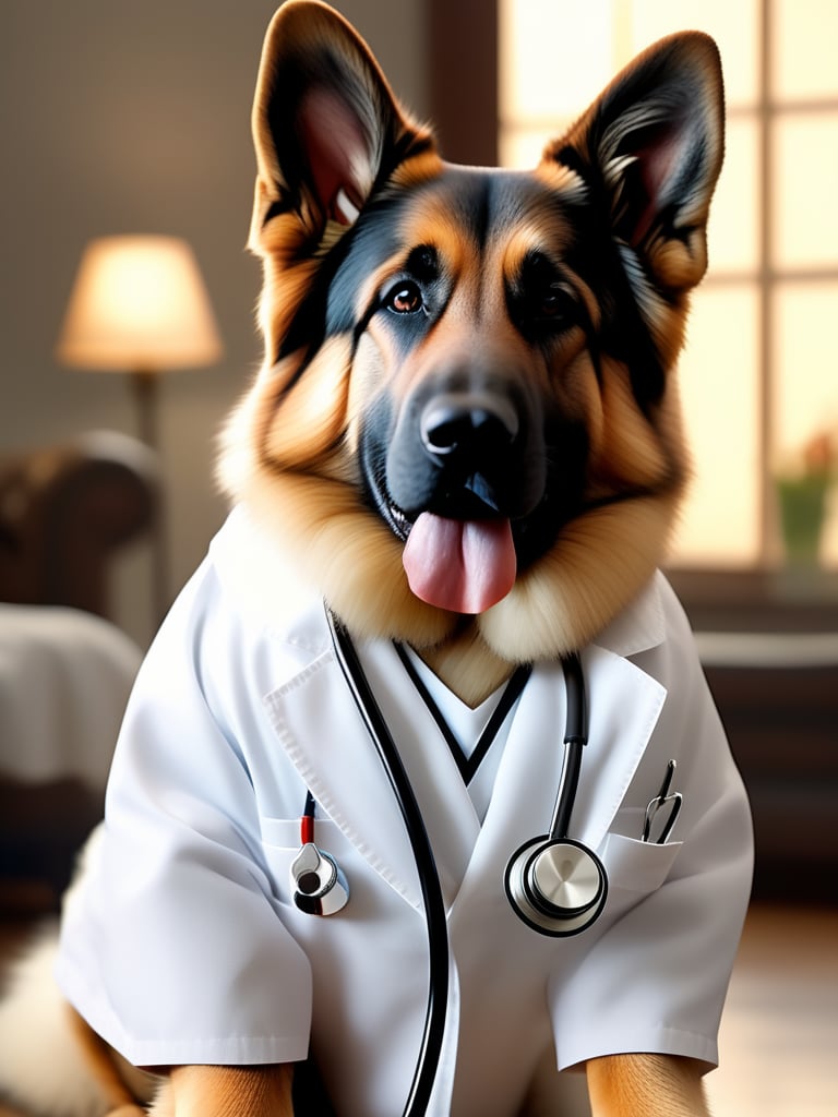 a lovable German Shepherd sporting a crisp white lab coat and stethoscope, extremely realistic, warm light, ultra high quality down to the hairs, 8k, full HD, very high detail, 