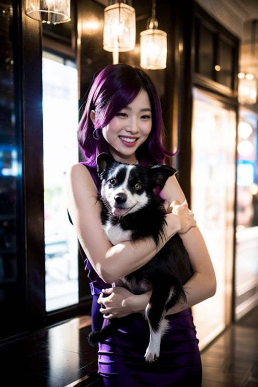  [full-length portrait] [European female fashion model aged 8-23 years hugging a dog] [dressed like an art deco style] [laughing] [purple hair] [hugging the dog] [Photo taken in front of a Luxury mansion] [type of illumination: backlight], extremely realistic, 8k, insane details, intricate details, beautifully color graded,Color Grading, Editorial Photography, Photography, Bokeh, taken with a 60mm lens, ISO 300, f/4, 1/200th --ar 2:3