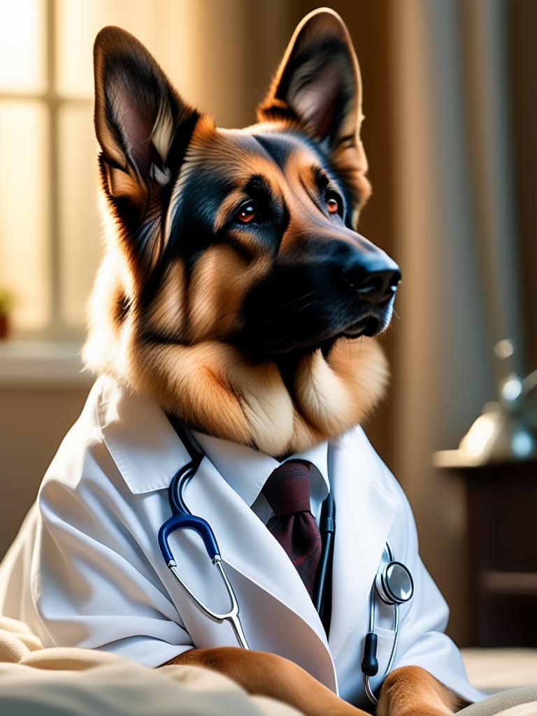 a lovable German Shepherd sporting a crisp white lab coat and stethoscope, extremely realistic, warm light, ultra high quality down to the hairs, 8k, full HD, very high detail, 